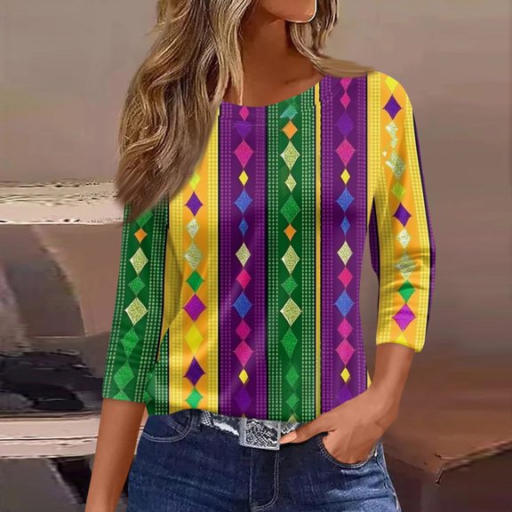 LNZGNM Mardi Gras Women's Shirts Mask Printed 3/4 Sleeve Tops Fashion Fancy Crewneck Pullovers 2026 Spring Carnival Outfit for Celebration, Dark Purple, S