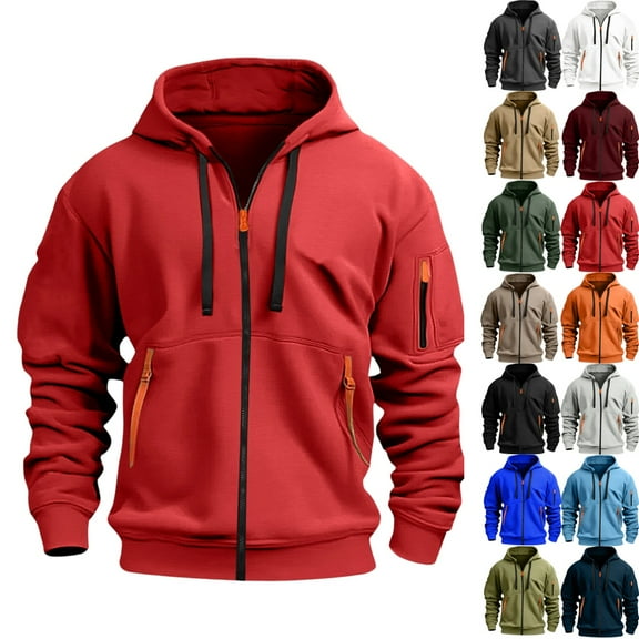 LNZGNM Men Zip Up Hoodie Cargo Tactical Hoodie Big and Tall Winter Hoodie Casual Lightweight Hooded Sweatshirt Men Workout Jackets with Pockets, Red M