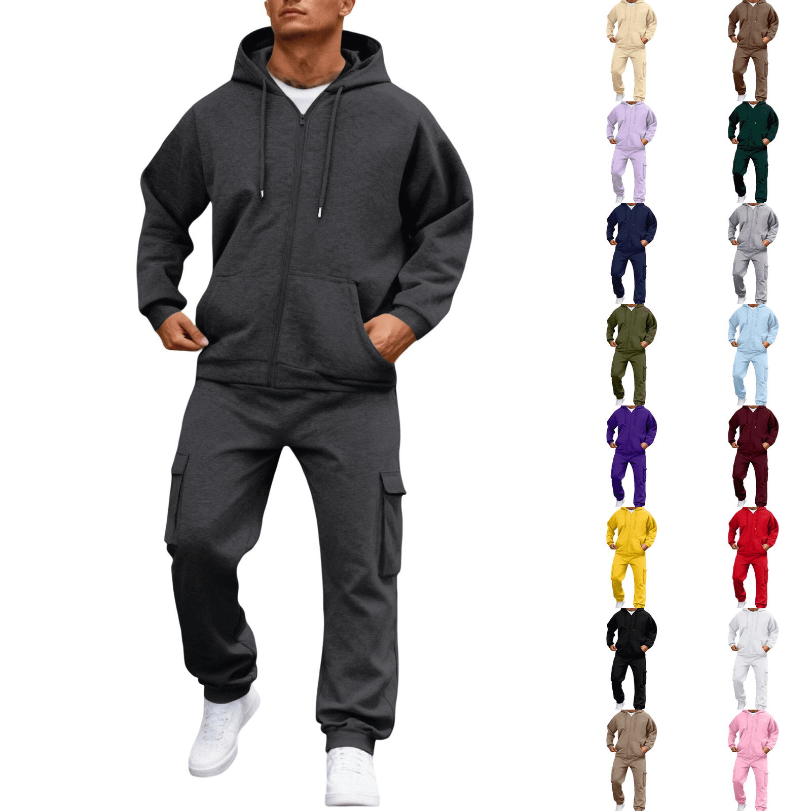 LNZGNM Men's 2 Piece Sweatsuit Set Zip Up Hoodie and Cargo Jogger Pants ...