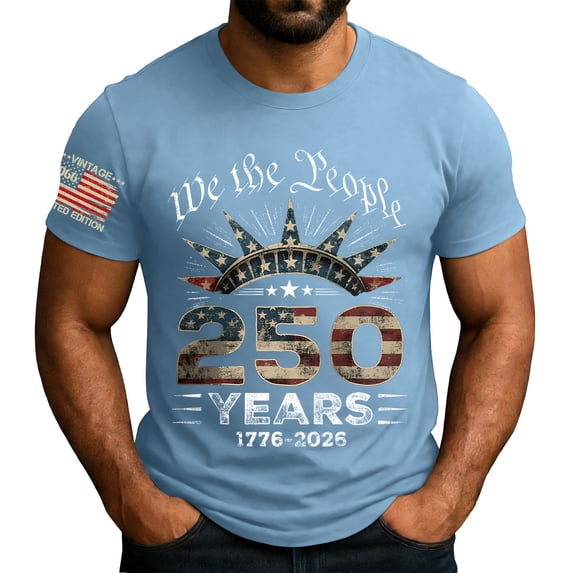 LNZGNM Men's 250 Anniversary USA Shirt Flag Print Crewneck T-Shirt Short Sleeve Patriotic Shirts Fashion Parade Tops,Light Blue 2XL