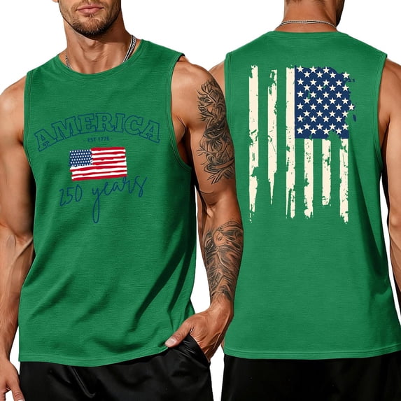 LNZGNM Men's 250 Anniversary USA Tank Tops Plus Size Usa Flag Sleeveless Shirt Stylish Muscle Graphic Tank Tops Beach Summer Tee Shirts,Green L
