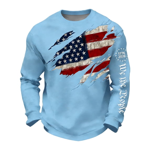 LNZGNM Men's 250 Years of Freedom Sweatshirts Flag Print Long Sleeve Plus Size T-Shirt 250 Anniversary USA Patriotic Pullover Casual Parade Pullover Tops,Light Blue M