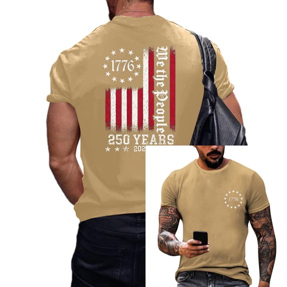 LNZGNM Men's 4th of July Shirts USA Flag 1776 Short Sleeve T-Shirts Stylish Star Stripes Graphic Crewneck Shirts Workout Top,Earthy Yellow XL