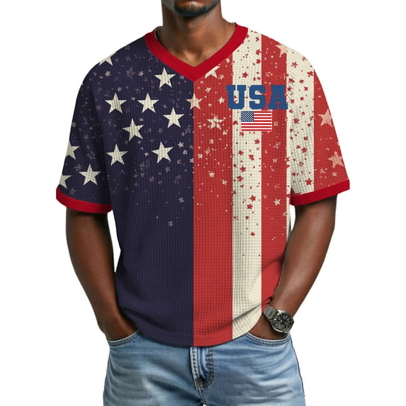 LNZGNM Men's America 250th Anniversary Shirts Flag Color Print V-Neck T-Shirt Short Sleeve Patriotic Shirt Stylish Workout Tee Shirts,Wine XL