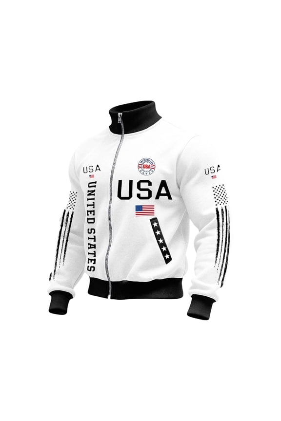 Men's American 250th Anniversary Jacket American Flag Zipper Jacket Stylish Stand Collar Patriotic 1776-2026 Track Jacket Memorial Day Top,White S