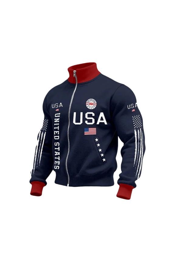Men's American Full Zip Jacket USA 250th Anniversary USA Flag Jacket Mock Neck Patriotic 1776-2026 Sports Jacket Casual Memorial Day Top,Navy L