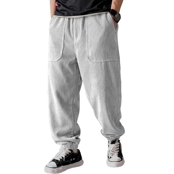 LNZGNM Men's Casual Corduroy Pants Big and Tall Cuff Leg Straight Sweatpants Stretchy Waist Loose Fit Pants Fashion Hiking Trousers with Pockets,White 3XL