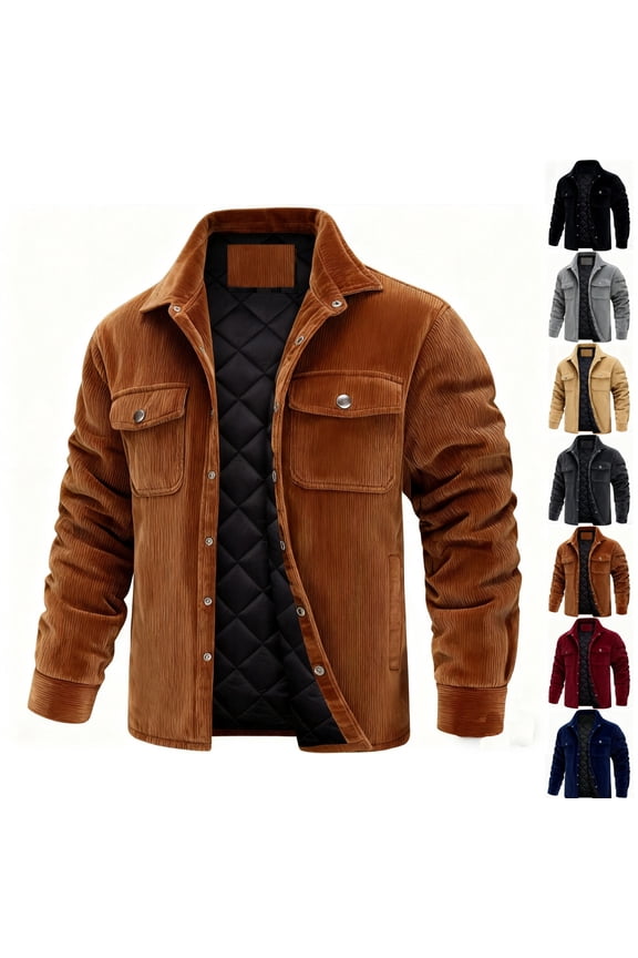 Men's Corduroy Shirt Jacket Big and Tall Sherpa Lined Warm Flannel Shirt Jackets Single-Breasted Thick Lapel Collar Jackets Winter Coats with Pockets, Brown L