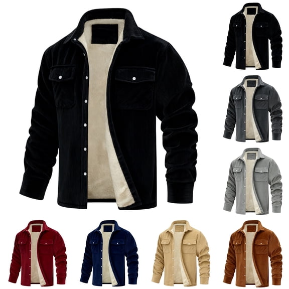 LNZGNM Men's Corduroy Shirt Jacket Big and Tall Sherpa Lined Warm Flannel Shirt Jackets Single-Breasted Thick Lapel Collar Jackets Winter Outwear with Pockets, Black 5XL