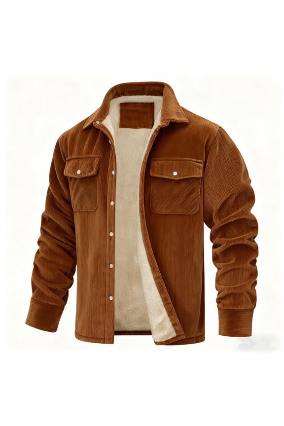 Men's Corduroy Shirt Jacket L-5XL Sherpa Lined Flannel Jackets Coat Heavyweight Warm Lapel Collar Shirt Jackets Single-Breasted Winter Coats with Pockets, Brown L
