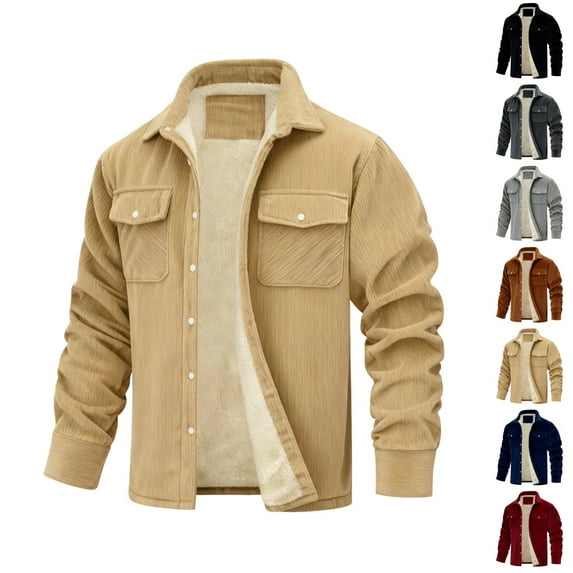 LNZGNM Men's Corduroy Shirt Jacket L-5XL Sherpa Lined Flannel Jackets Thick Thermal Lapel Collar Shirt Jackets Single-Breasted Winter Outwear with Pockets, Khaki 5XL