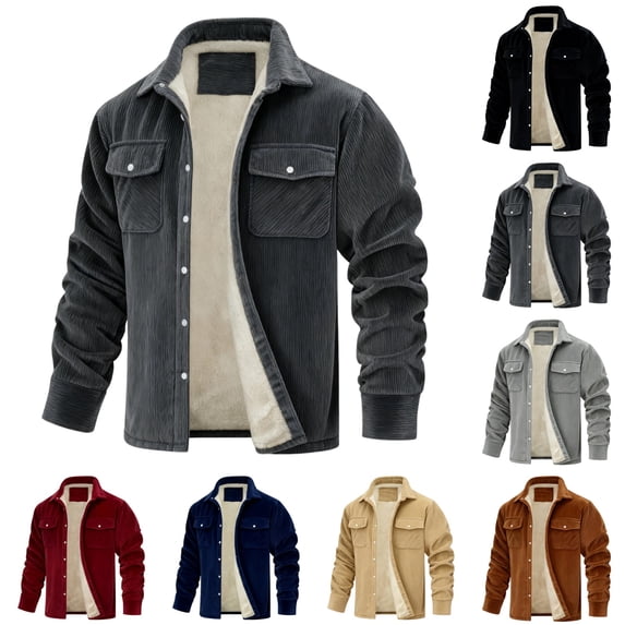 LNZGNM Men's Corduroy Shirt Jacket L-5XL Sherpa Lined Thermal Flannel Shirt Jackets Single-Breasted Thick Lapel Collar Jackets Coat Winter Coats with Pockets, Dark Gray M