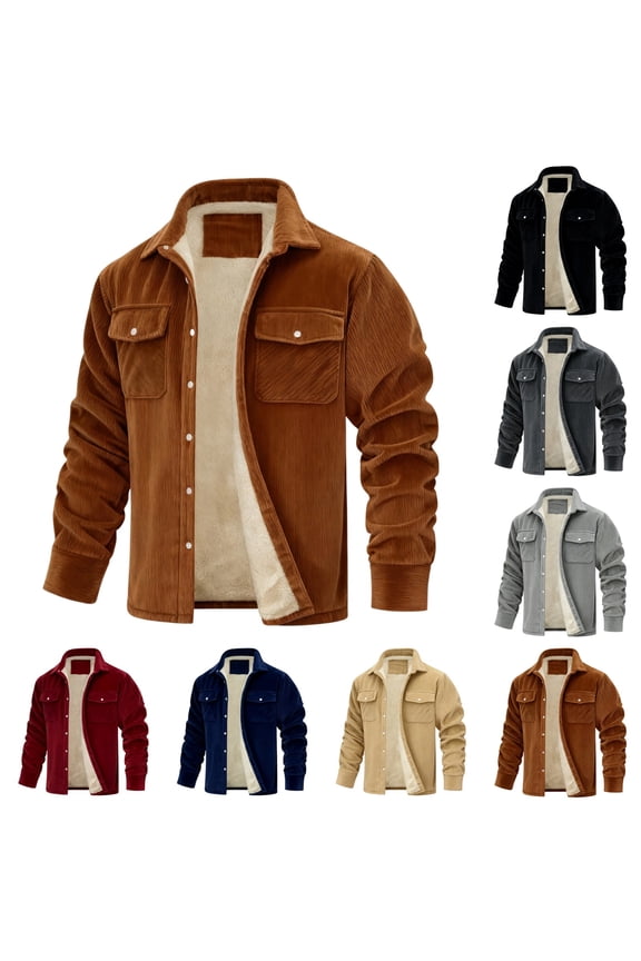 Men's Corduroy Shirt Jacket L-5XL Sherpa Lined Warm Flannel Shirt Jackets Single-Breasted Thick Lapel Collar Jackets Coat Winter Coats with Pockets, Brown S