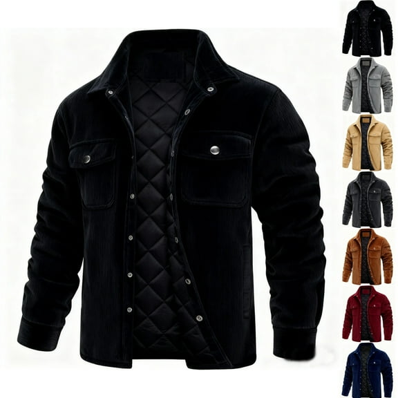 LNZGNM Men's Corduroy Shirt Jacket L-5XL Sherpa Lined Warm Flannel Shirt Jackets Single-Breasted Thick Lapel Collar Jackets Coat Winter Coats with Pockets, Black 3XL