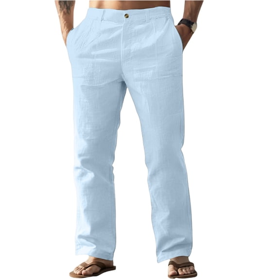 LNZGNM Men's Cotton Linen Pants Elastic Waist Straight Leg Pant with Pockets Lightweight Loose Solid Pants Casual Yoga Trousers,Light Blue M