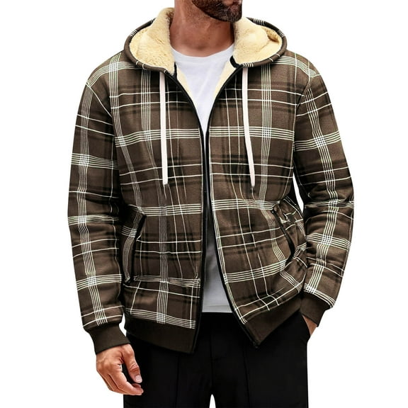 LNZGNM Men's Flannel Plaid Shirts Jacket Fleece Sherpa Plaid Shirt Zip Up Hooded Jacket with Pokect Casual Winter Warm Coats,Ginger 2XL