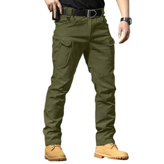 LNZGNM Men's Fleece Lined Cargo Pants Ripstop Waterproof Tactical Pants Lightweight Breathable Work Pants Multi Pockets Athletic Fishing Trousers,Green L