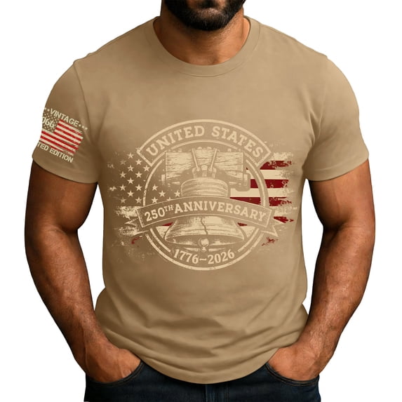 LNZGNM Men's Graphic T-Shirts USA 250th Anniversary Crewneck T-Shirt Flag Print Short Sleeve Patriotic Shirt Stylish Summer Top,Khaki M