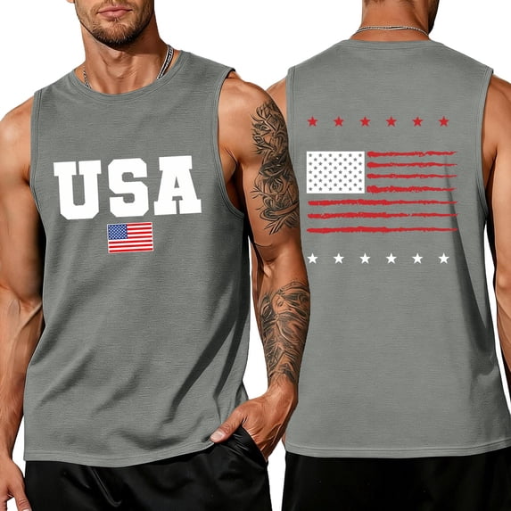LNZGNM Men's Graphic Tank Tops Plus Size 4th of July Shirt USA Flag Muscle Sleeveless Tank Tops Casual Vacation Tee,Gray 5XL
