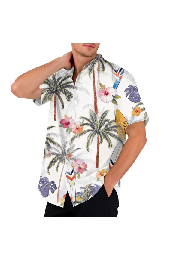 Men's Hawaiian Shirts Short Sleeve Button Down Summer Beach Shirt Floral Print Aloha Shirts Stylish Yoga Tops with Pocket,White L
