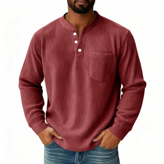 LNZGNM Men's Henley T-Shirts Solid Color Corduroy Three-Button Collar T-Shirt Lightweight Slim Fit Shirt Fashion Winter Tops,Red M