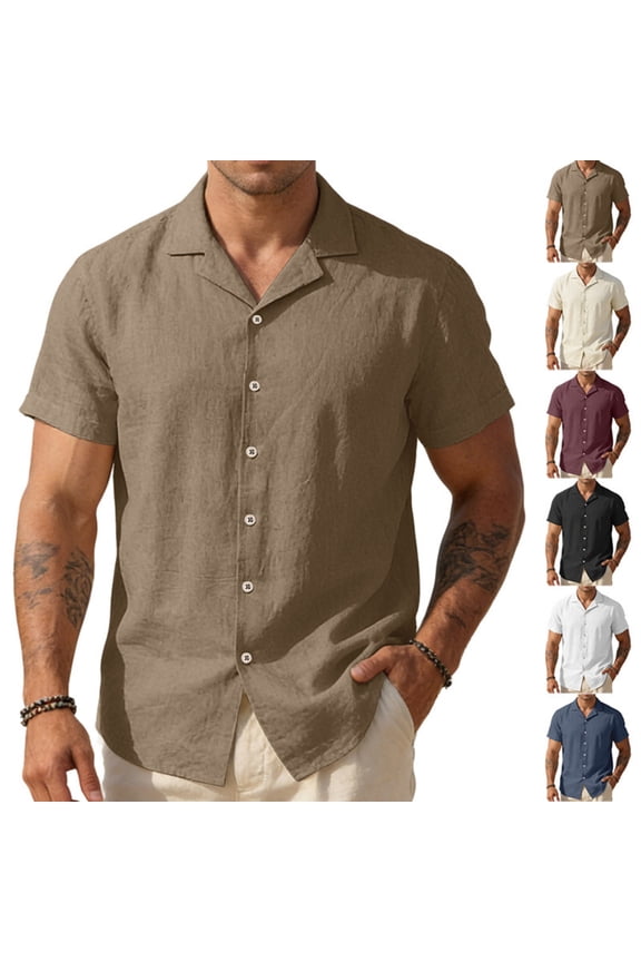Men's Linen Button Down Shirt Summer Camp Collar Short Sleeve Shirts Fashion Casual Daily Tops Lightweight,Brown(XXXL)