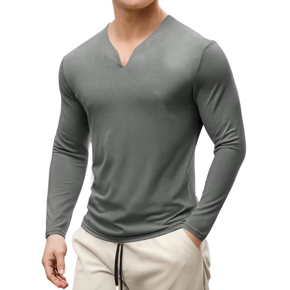 LNZGNM Men's Long Sleeve Muscle T Shirts Longline Stretch V-Neck Shirt Lightweight Slim Fit Solid Tee Shirts Casual Workout Tops,Dark Gray XL