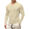 thumbnail image 1 of LNZGNM Men's Long Sleeve Muscle T Shirts Longline Stretch V-Neck Shirts Lightweight Slim Fit Solid Tee Shirt Fashion Business Tees,Khaki L, 1 of 4