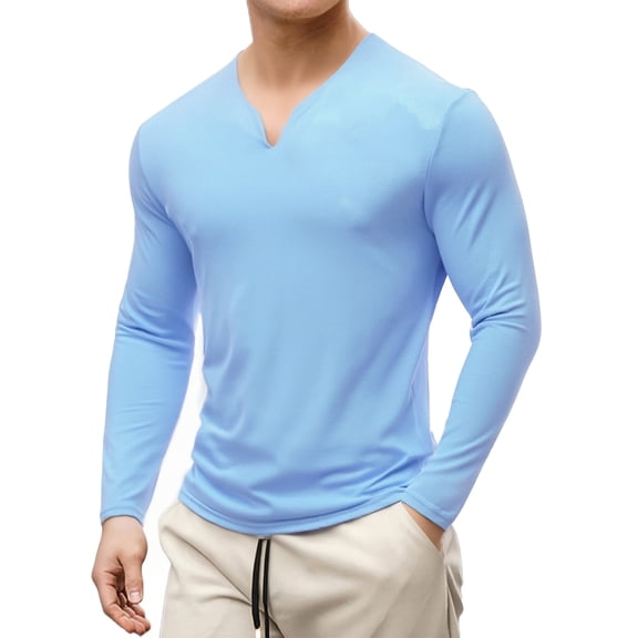 LNZGNM Men's Long Sleeve T Shirts Longline Stretch V Neck Shirts Lightweight Slim Fit Solid Tee Shirt Casual Sports Tops,Light Blue 3XL