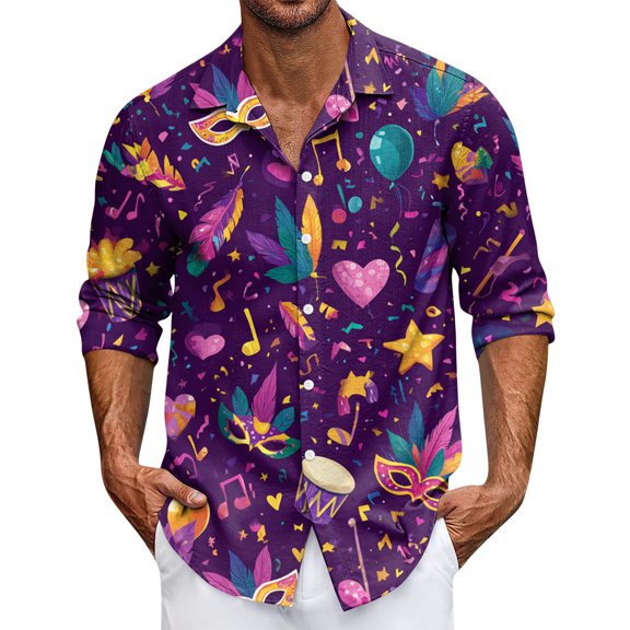 LNZGNM Men's Mardi Gras Outfits Lapel Printed Button Up Shirts Big and Tall Long Sleeve T-Shirt Novelty Mardi Gras Outfits,Navy XL