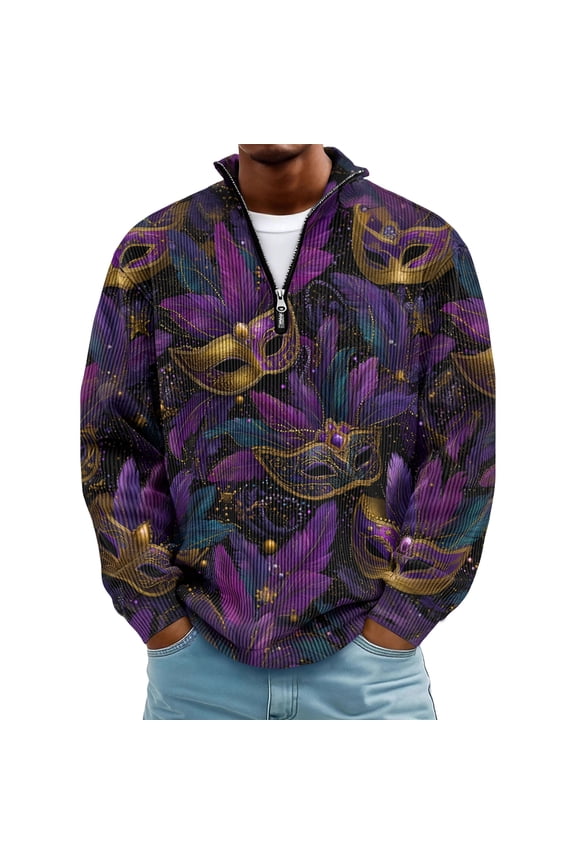 Men's Mardi Gras Shirt 1/4 Zip Plus Size Mask Printed Sweatshirts Stand-Up Collar Long Sleeve Top Novelty Carnival Outfits,Dark Purple 5XL