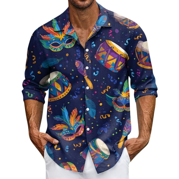 LNZGNM Men's Mardi Gras Shirt Lapel Mask Printed Button Down Shirt Plus Size Long Sleeve T-Shirt Fashion Mardi Gras Tops,Purple Pink M
