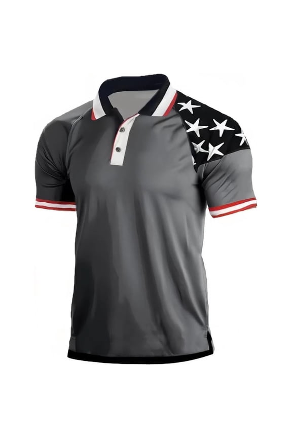 Men's Patriotic Polo Shirts USA 250th Anniversary Lapel Golf Shirts Fashion Flag Print Short Sleeve Golf Polos Outdoor Pullover,Gray S