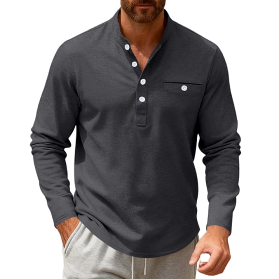 LNZGNM Men's Polo Shirts Stand Collar Basic Long Sleeve T-Shirt Button Lightweight Solid Pullovers with Pocket Casual Slim Fit Fall Tops,Dark Gray 2XL