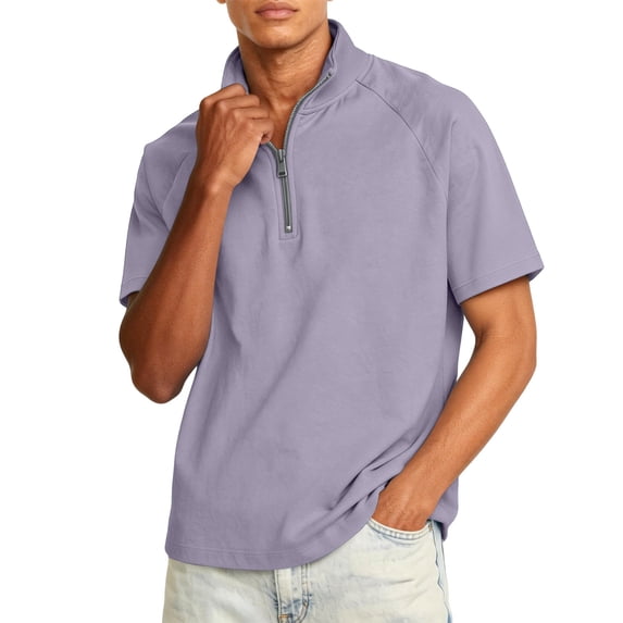 LNZGNM Men's Quarter Zip Sweatshirts Plus Size Pullover Mock Neck Short Sleeve Quarter Zip Pullover Sweatshirts Stylish Fall Pullover Top,Light Purple 2XL