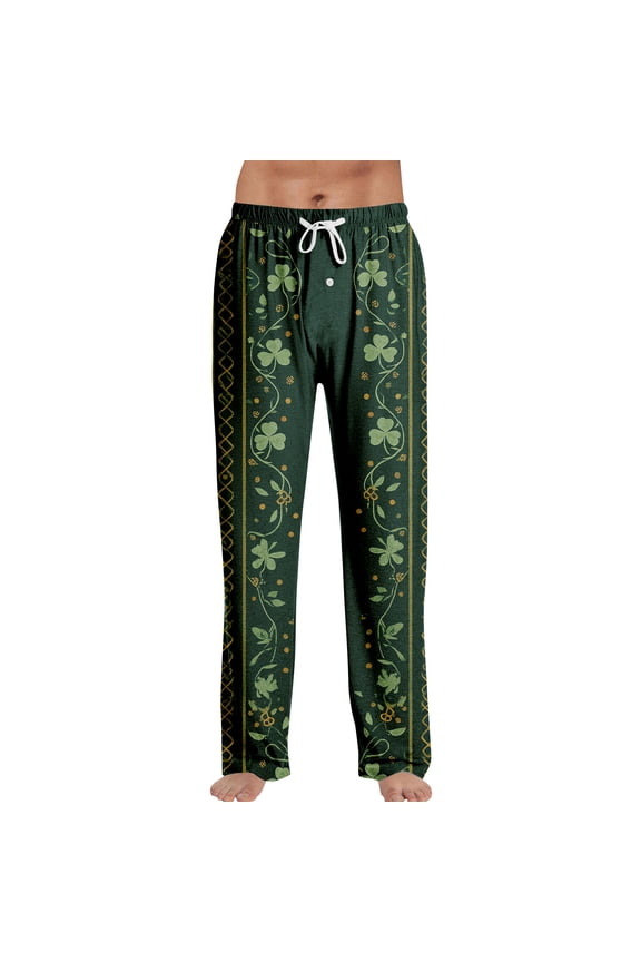 Men's St. Patrick's Day Pajama Pants Shamrock Clover Print Comfy Pj Pants Festive Elastic Waist Pjs Bottoms with Pockets Lounge Sleep Pants,Light Green L