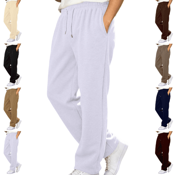 LNZGNM Men's Straight Leg Sweatpants Casual Elastic Drawstring Waist Open‑Hem Daily Workout Wear with Deep Side Pockets, White (L)