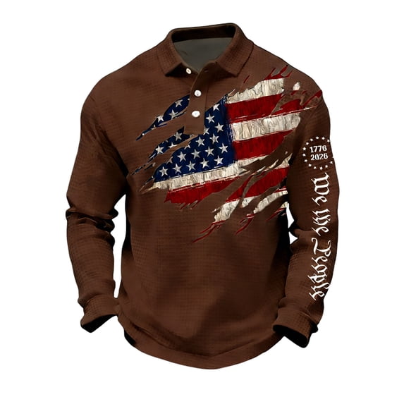 LNZGNM Men's USA 250th Anniversary Print Polo Shirt Plus Size Lapel Golf Shirt Big and Tall Golf Polos Casual Parade Pullover,Coffee M