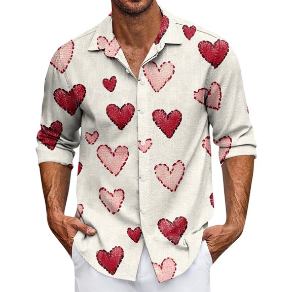 LNZGNM Men's Valentines Day Shirts Lapel Love Print Button Down Shirts Fashion Long Sleeve T-Shirt Valentine's Day Plus Size Tops,Beige L