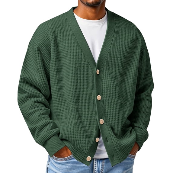 LNZGNM Men's Waffle Cardigan Sweater V Neck Big and Tall Sweaters with Button Lightweight Long Sleeve Cardigan Loose Fit Basic Fall Outwear,Dark Green 5XL