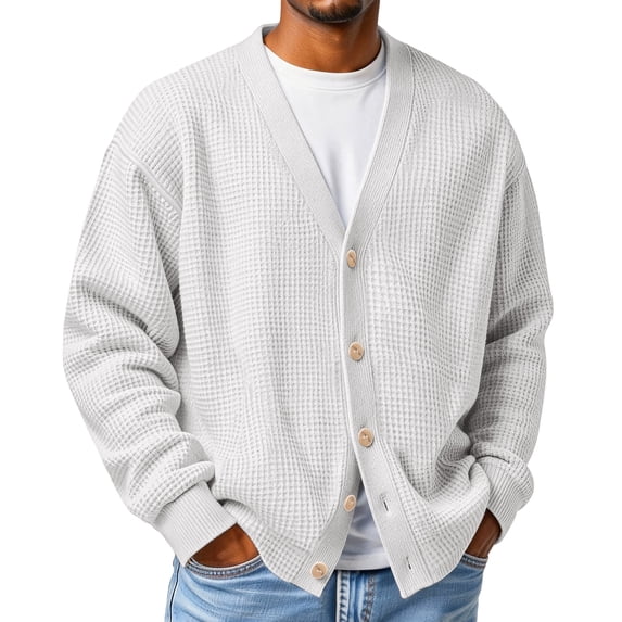 LNZGNM Men's Waffle Cardigan Sweater V Neck Big and Tall Sweater Button Front Lightweight Long Sleeve Cardigan Loose Basic Daily Wear Outwear,White M