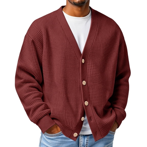 LNZGNM Men's Waffle Cardigan Sweater V-Neck Big and Tall Sweater Button Front Lightweight Long Sleeve Cardigans Loose Fit Basic Fall Tops,Wine L