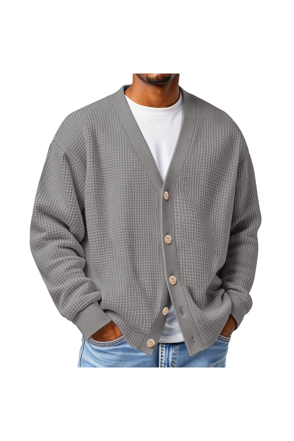 Men's Waffle Cardigan V Neck Big and Tall Sweaters Button Down Lightweight Long Sleeve Cardigan Loose Fit Casual Daily Wear Top,Gray XL