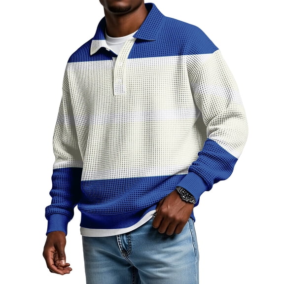 LNZGNM Men's Waffle Long Sleeve Shirt Big and Tall Color Block Golf Shirt Button Up Lightweight Lapel Shirts Stylish Loose Outdoor Tops,Blue S