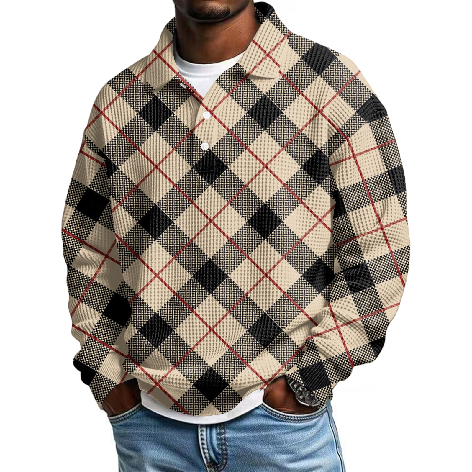 LNZGNM Men's Waffle Long Sleeve Shirt Big and Tall Plaid Golf Shirts 3 ...