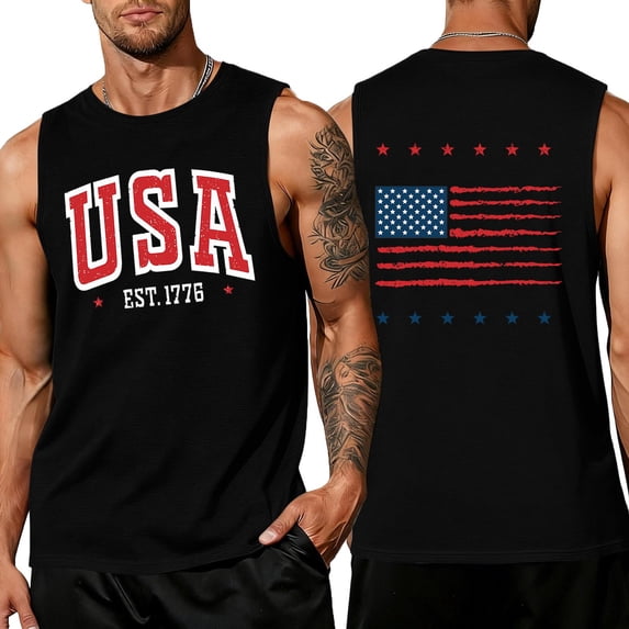 LNZGNM Men's Workout Tank Tops Big and Tall USA Flag Sleeveless Shirt Athletic Muscle Graphic Patriotic Tank Tops Beach Summer Tee Tops,Black 2XL