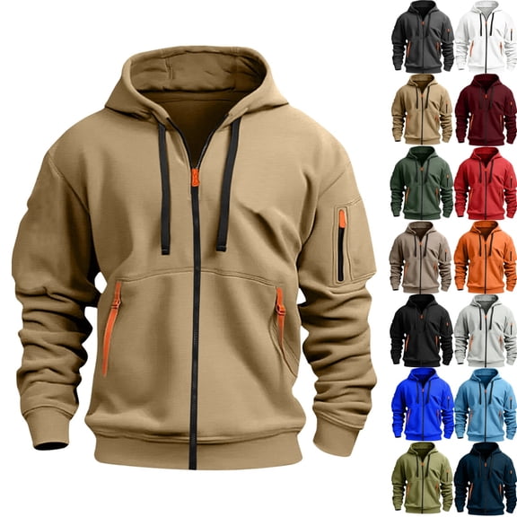 LNZGNM Men's Zip Up Hoodie Cargo Tactical Hoodies Big and Tall Fall Hoodie Casual Lightweight Hooded Sweatshirt Men Athletic Jackets with Pockets, Khaki L