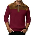 thumbnail image 1 of LNZGNM Mens 1/4 Zip Sweatshirts Faux Suede Patchwork Quarter Zip Sweaters Slim Fit Lightweight Long Sleeve Pullover Casual Spring Lapel Top,Wine L, 1 of 7