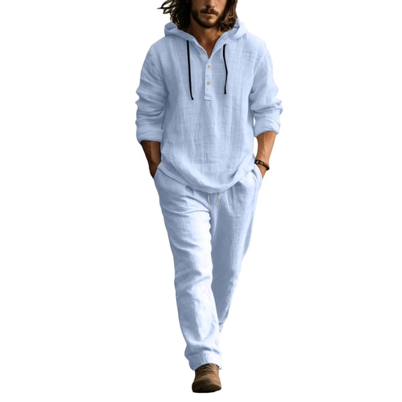 LNZGNM Mens 2 Piece Linen Outfits Long Sleeve Casual Button Down Hooded Sweatshirts Loose Fit Beach Pants with Pockets Summer Outfits,Light Blue 3XL