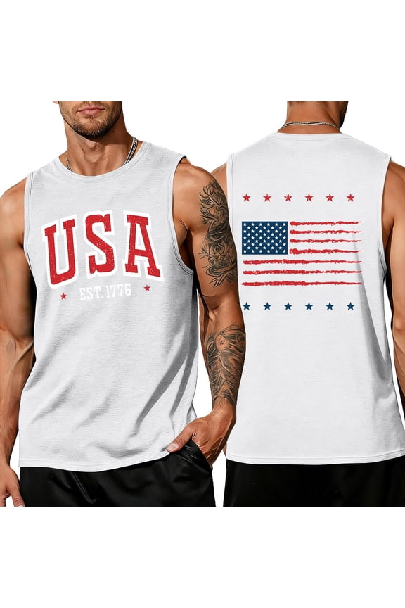 Mens 250 Anniversary USA Tank Tops Plus Size American Flag Sleeveless Shirt Muscle Graphic Tank Tops Athletic Parade Tee Shirts,White 4XL